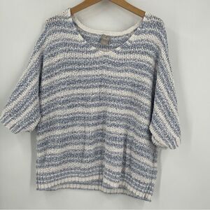 Chico's Striped Knit V-Neck 3/4 Sleeve Relaxed Pullover Sweater Top